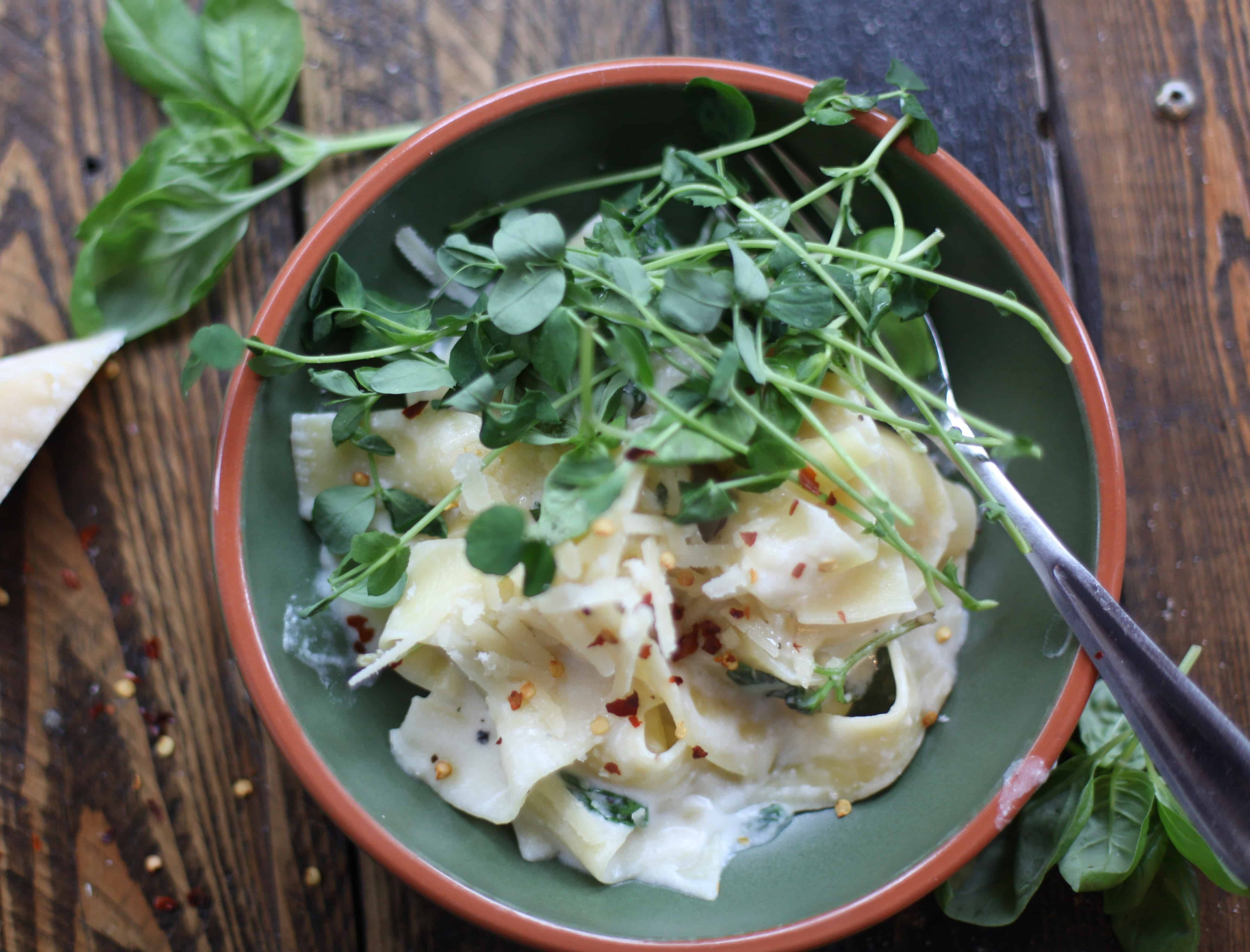 Creamy Pappardelle with Basil and Pea Shoots